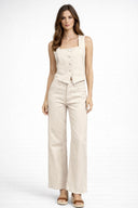 Kare Yakalı Düğmeli Çizgili Jean Yelek-Navy Çizgili