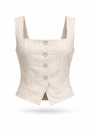 Kare Yakalı Düğmeli Çizgili Jean Yelek-Navy Çizgili