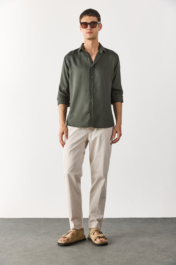 Erkek Ken Beli Lastikli Gabardin Chino Pantolon - Taş