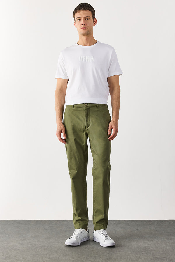 Erkek Ken Beli Lastikli Gabardin Chino Pantolon - Haki