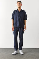 Erkek Ken Beli Lastikli Chino Pantolon %100 Keten - Lacivert