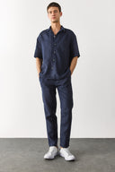 Erkek Ken Beli Lastikli Chino Pantolon %100 Keten - Lacivert