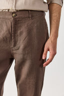 Erkek Ken Beli Lastikli Chino Pantolon %100 Keten - Kahverengi