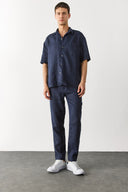 Erkek Ken Beli Lastikli Chino Pantolon %100 Keten - Lacivert