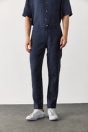 Erkek Ken Beli Lastikli Chino Pantolon %100 Keten - Lacivert