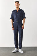 Erkek Ken Beli Lastikli Chino Pantolon %100 Keten - Lacivert