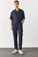 Erkek Ken Beli Lastikli Chino Pantolon %100 Keten - Lacivert