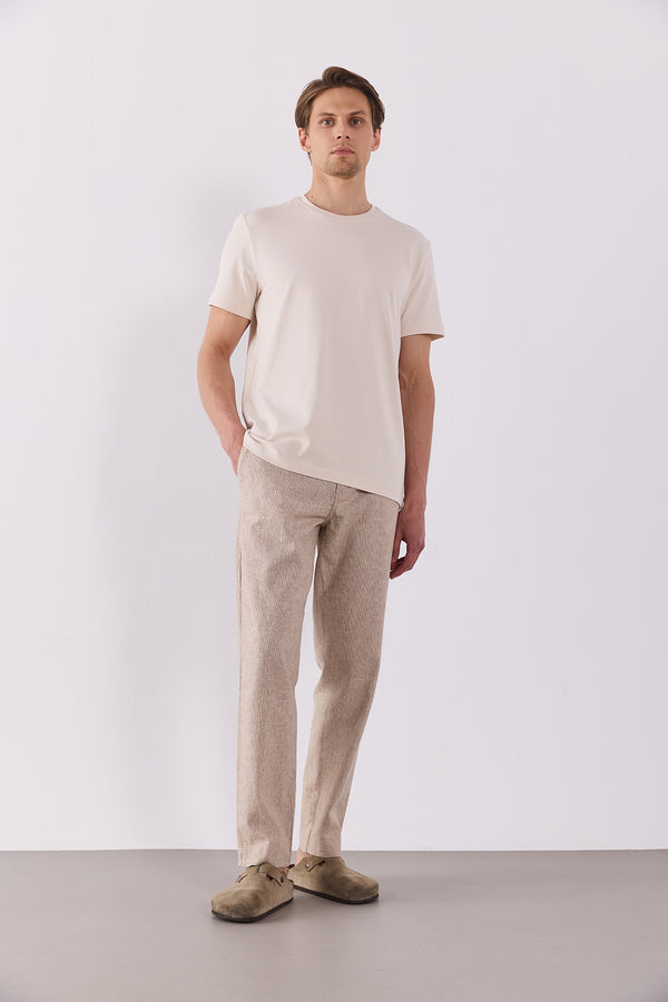 Erkek Ken Beli Lastikli Lycra Keten Chino Pantolon - Kahve Çizgili
