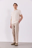 Erkek Ken Beli Lastikli Lycra Keten Chino Pantolon - Kahve Çizgili
