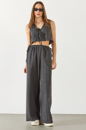 Kadın Keten Görünümlü Beli Lastikli Pantolon - Siyah