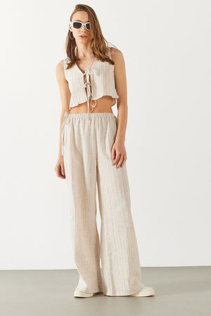Kadın Keten Görünümlü Beli Lastikli Pantolon - Ekru