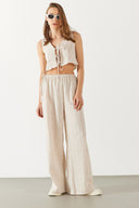 Kadın Keten Görünümlü Beli Lastikli Pantolon - Ekru