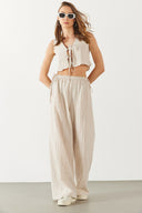 Kadın Keten Görünümlü Beli Lastikli Pantolon - Ekru
