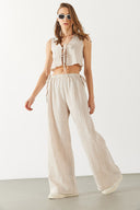 Kadın Keten Görünümlü Beli Lastikli Pantolon - Ekru