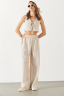 Kadın Keten Görünümlü Beli Lastikli Pantolon - Ekru