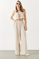 Kadın Keten Görünümlü Beli Lastikli Pantolon - Ekru