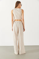 Kadın Keten Görünümlü Beli Lastikli Pantolon - Ekru