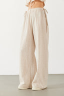 Kadın Keten Görünümlü Beli Lastikli Pantolon - Ekru
