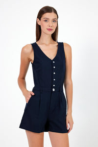 Kadın Keten Şort Tulum - Lacivert