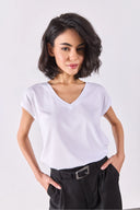 Khloe V Yaka Regular Fit Dantel Detaylı Modal Tişört(TENCEL)(TM)-Beyaz