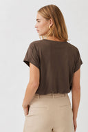 Khloe V Yaka Regular Fit Dantel Detaylı Modal Tişört(TENCEL)(TM)-Kahverengi