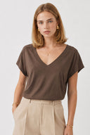 Khloe V Yaka Regular Fit Dantel Detaylı Modal Tişört(TENCEL)(TM)-Kahverengi