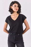 Khloe V Yaka Regular Fit Dantel Detaylı Modal Tişört(TENCEL)(TM)-Siyah