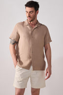 Erkek Kısa Kollu Müslin Gömlek %100 Pamuk - Taş