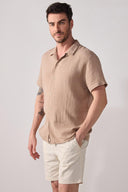 Erkek Kısa Kollu Müslin Gömlek %100 Pamuk - Taş