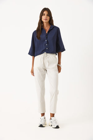 Kadın Kısa Kollu Yumuşak Dokulu Oversize Gömlek (CUPRO) - Lacivert
