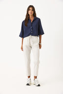 Kadın Kısa Kollu Yumuşak Dokulu Oversize Gömlek (CUPRO) - Lacivert
