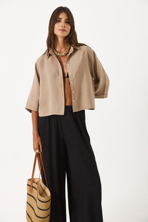 Kadın Kısa Kollu Yumuşak Dokulu Oversize Gömlek (CUPRO) - Vizon