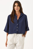Kadın Kısa Kollu Yumuşak Dokulu Oversize Gömlek (CUPRO) - Lacivert