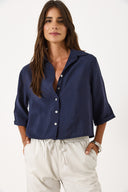 Kadın Kısa Kollu Yumuşak Dokulu Oversize Gömlek (CUPRO) - Lacivert