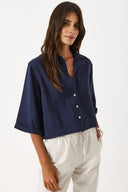 Kadın Kısa Kollu Yumuşak Dokulu Oversize Gömlek (CUPRO) - Lacivert