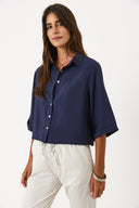 Kadın Kısa Kollu Yumuşak Dokulu Oversize Gömlek (CUPRO) - Lacivert