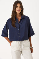 Kadın Kısa Kollu Yumuşak Dokulu Oversize Gömlek (CUPRO) - Lacivert