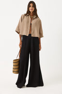 Kadın Kısa Kollu Yumuşak Dokulu Oversize Gömlek (CUPRO) - Vizon