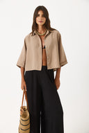 Kadın Kısa Kollu Yumuşak Dokulu Oversize Gömlek (CUPRO) - Vizon