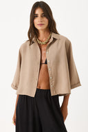 Kadın Kısa Kollu Yumuşak Dokulu Oversize Gömlek (CUPRO) - Vizon