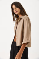 Kadın Kısa Kollu Yumuşak Dokulu Oversize Gömlek (CUPRO) - Vizon