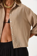 Kadın Kısa Kollu Yumuşak Dokulu Oversize Gömlek (CUPRO) - Vizon