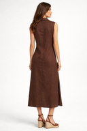 Kolsuz Maxi Boy Keten Elbise-Kahverengi