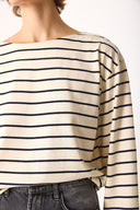 Kadın Lena Çizgili Kayık Yaka Tişört %100 Pamuk - Ekru - Lacivert Çizgili