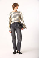 Kadın Lena Çizgili Kayık Yaka Tişört %100 Pamuk - Ekru - Lacivert Çizgili