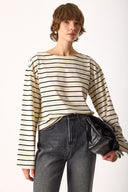 Kadın Lena Çizgili Kayık Yaka Tişört %100 Pamuk - Ekru - Lacivert Çizgili