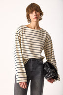 Kadın Lena Çizgili Kayık Yaka Tişört %100 Pamuk - Ekru - Lacivert Çizgili