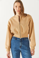 Kadın Loren Fermuarlı Geniş Kemerli Sweatshirt - Bej
