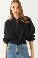 Kadın Loren Fermuarlı Geniş Kemerli Sweatshirt - Siyah