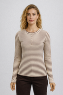 Kadın Maria Kontrast Detaylı Çizgili Kaşkorse Tişört - Vizon - Kemik Çizgili